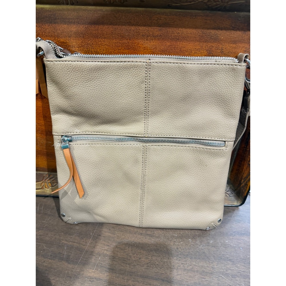 Joy Mangano Crossbody Bag Taupe Pebbled Faux Leather Messenger Purse Tan Trim - Picture 3 of 6